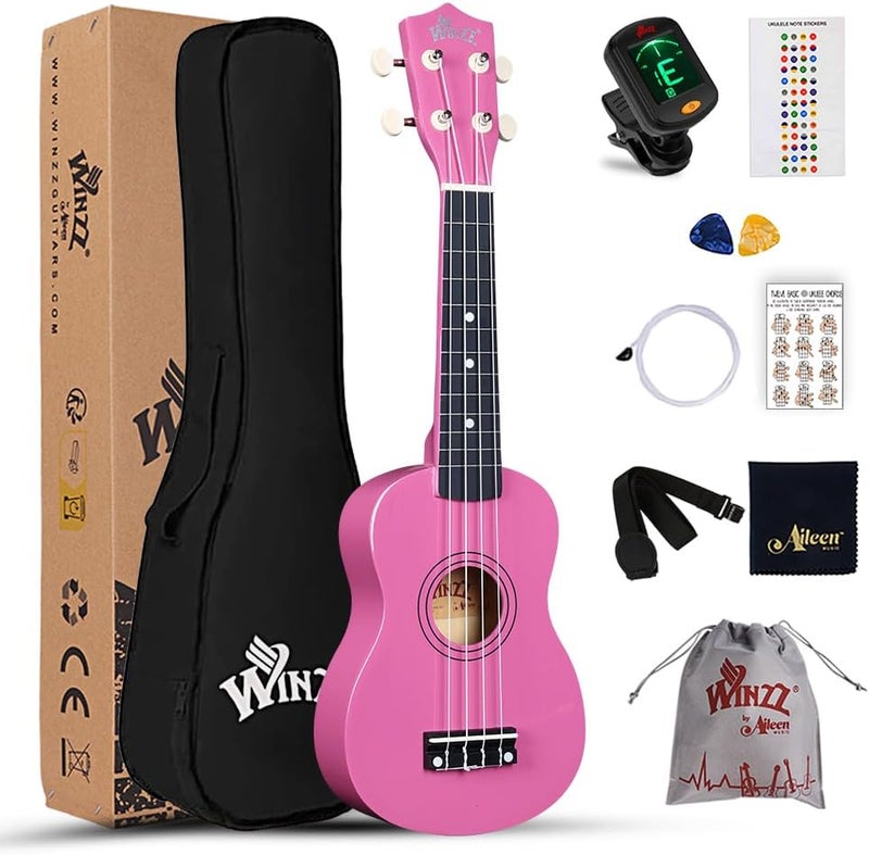 Winzz Soprano Ukulele Starter Kit For Beginners with Bag, Clip-On Tuner, Extra Strings, Strap, Plectrum, Fret Stickers, Chords Card, Polishing Cloth, Rose - Image 1